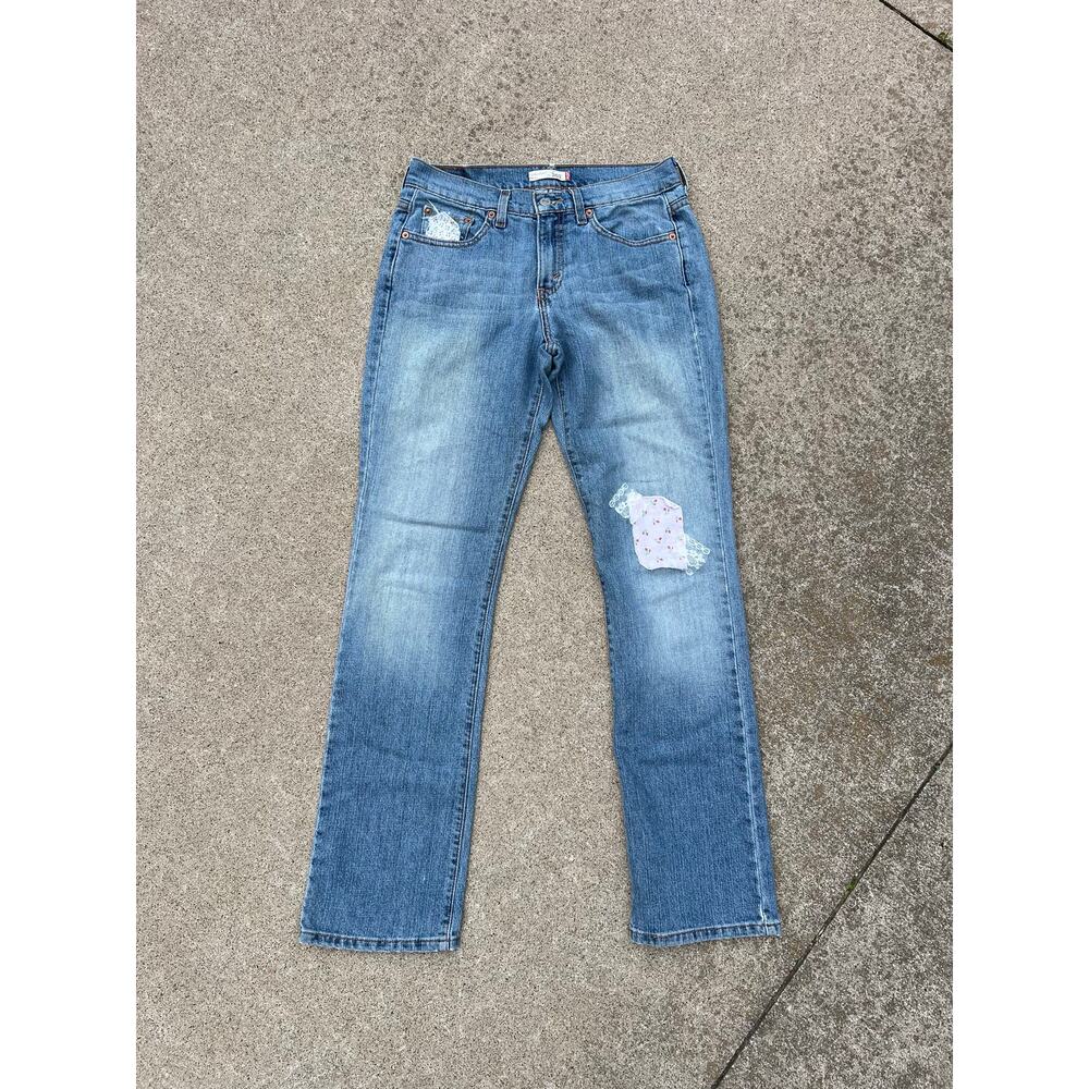 Levi's Size 4 Straight Leg Jeans Light Wash Distressed Patchwork Boho Denim Pant